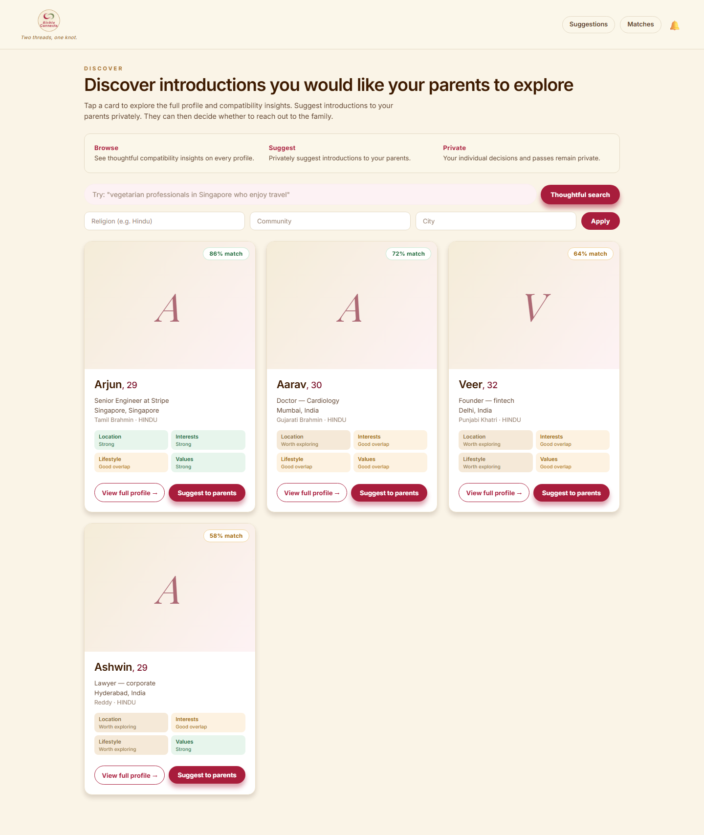 Single's discover screen with compatibility insights