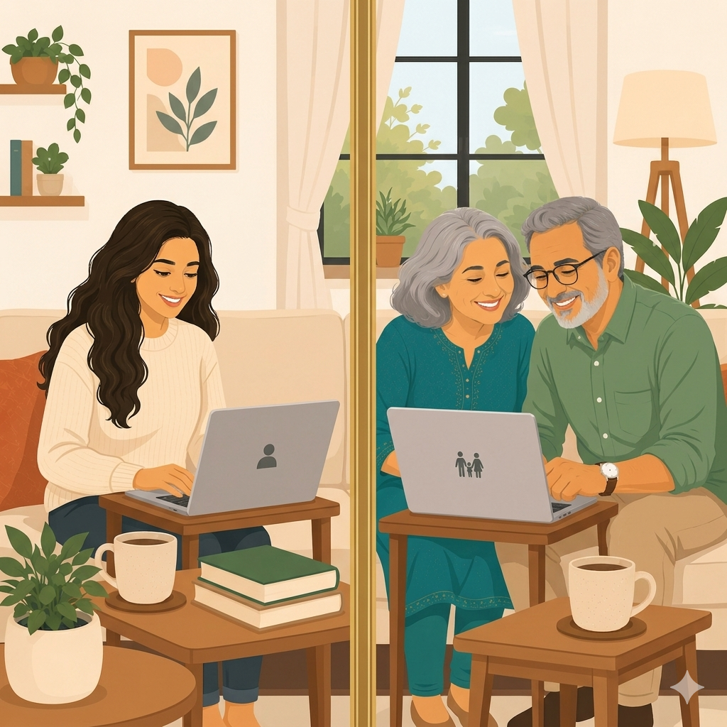 A mother, daughter, and father sitting together in a warm living room, looking at the same laptop screen with quiet attention.