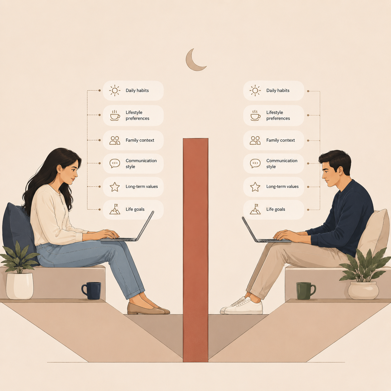 A visual representing real-life moments and habits that reveal compatibility beyond standard biodata fields.